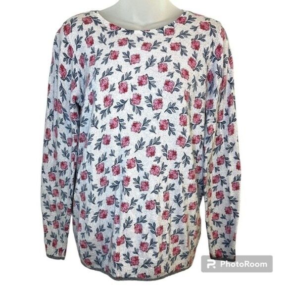 LOFT Floral Rose Long Sleeve Crew Neck Sweater Size Large - Picture 1 of 7